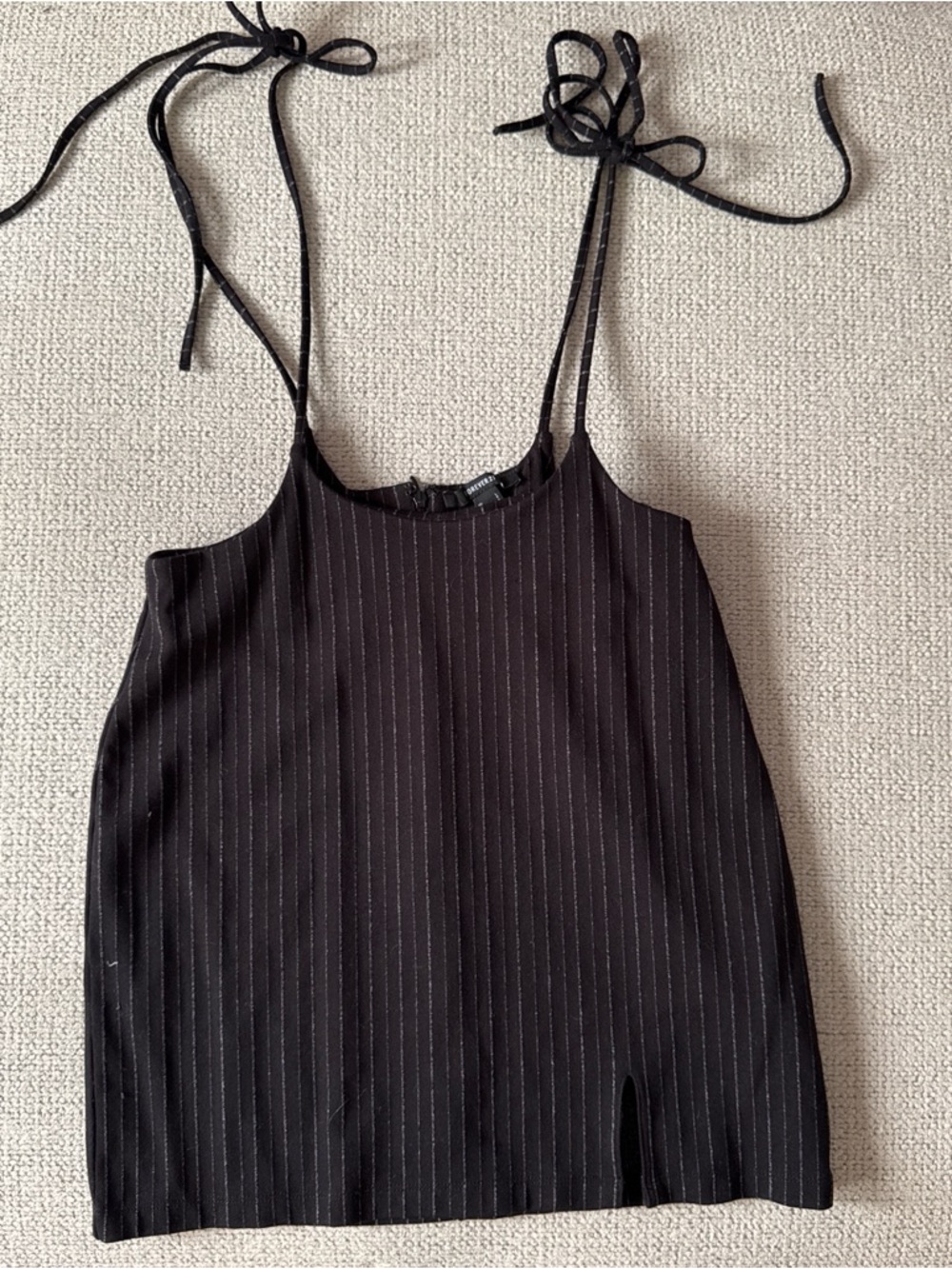 Black Pinstripe Tie-Shoulder Cami Dress